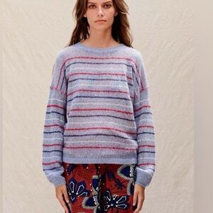 Sundry Balloon Sleeve Tri-Striped Wool/Cashmere Blend Crew Sweater